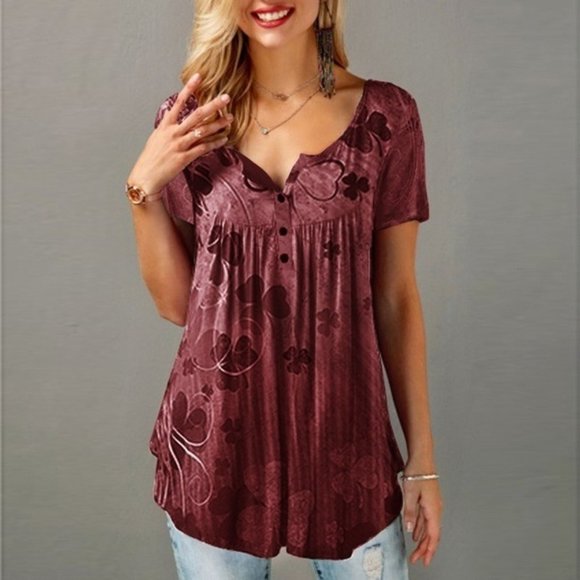 Tops - Casual Loose Pleat Print Blouse - Red XL